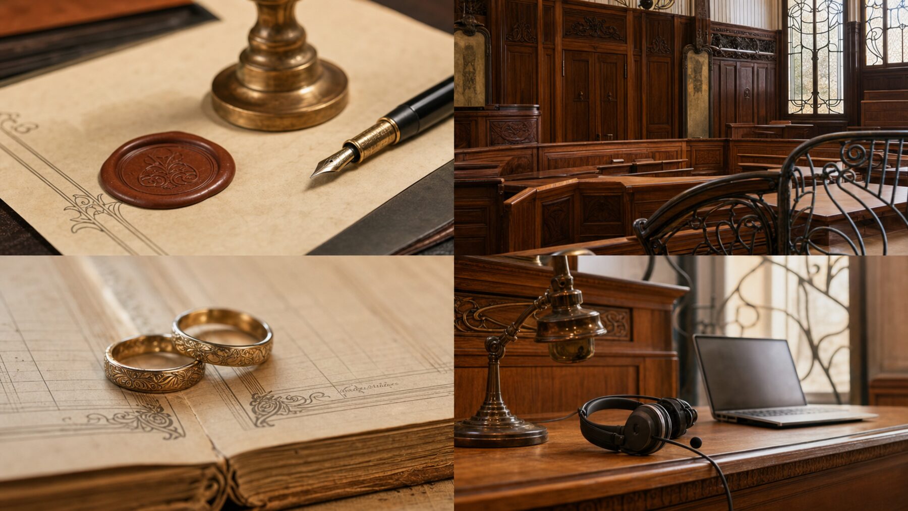 Werkzeuge der beglaubigten Übersetzung und des beeidigten Dolmetschens — Siegel, Gerichtssaal, Eheringe und Headset