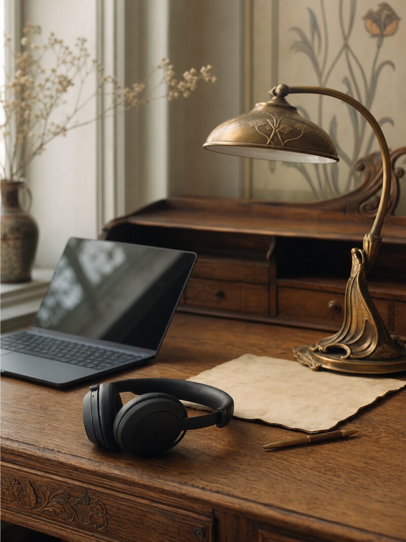 Headset und Laptop auf einem antiken Eichenschreibtisch mit Jugendstil-Lampe