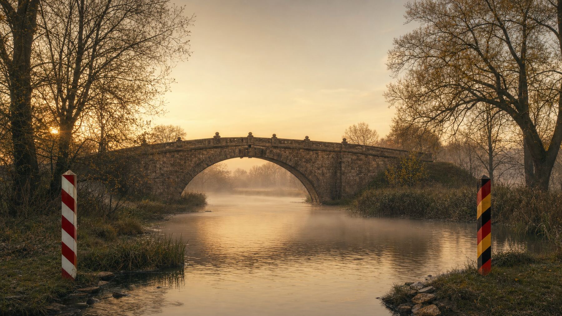 Steinerne Brücke über einen ruhigen Fluss — Symbol der Sprachbrücke zwischen Deutsch und Polnisch